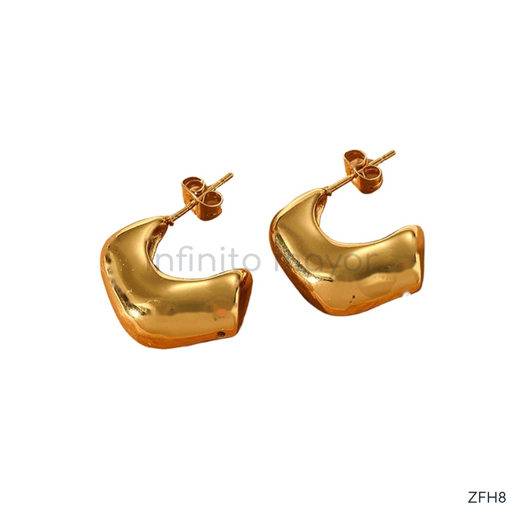 [ZFH8] Zarcillos dorados de poste con aro abierto grueso de líneas angulares y acabado liso brillante