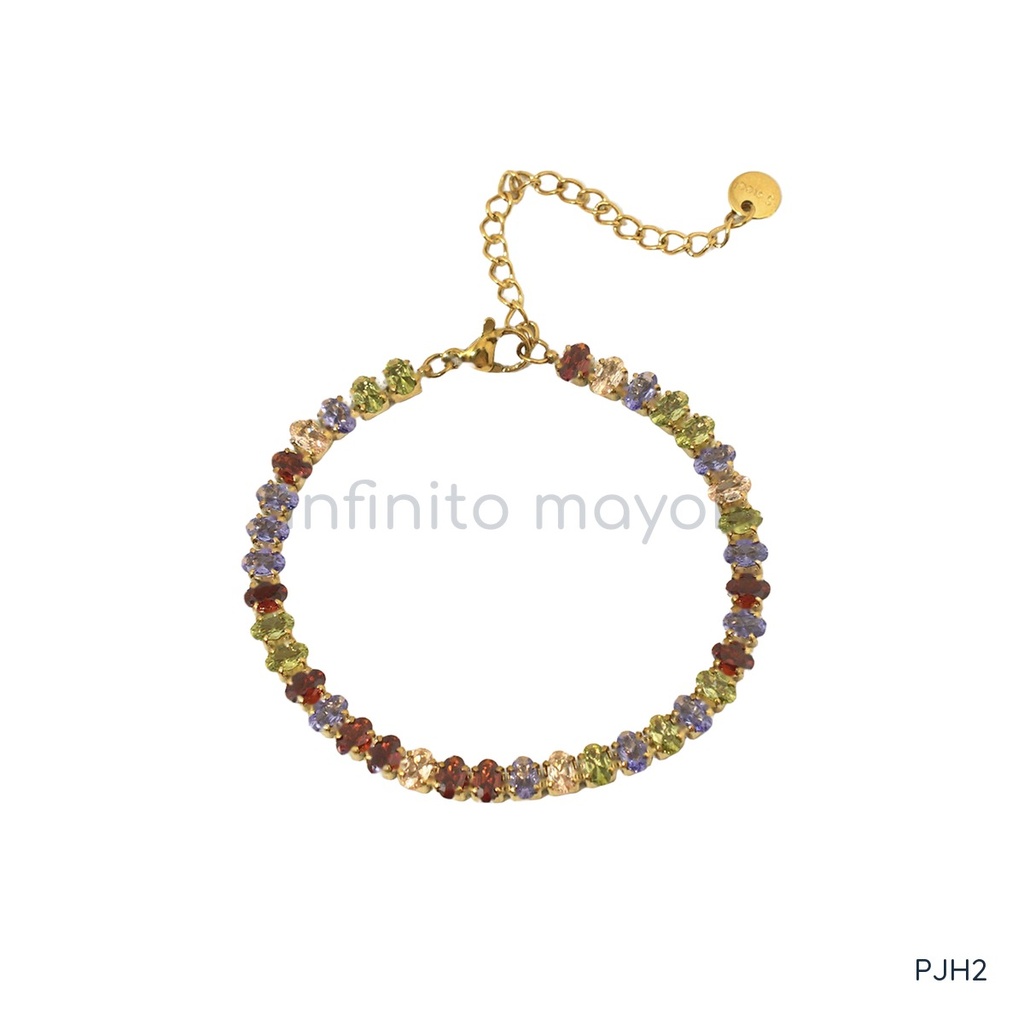 Pulsera dorada, línea de circonias ovaladas multicolor
