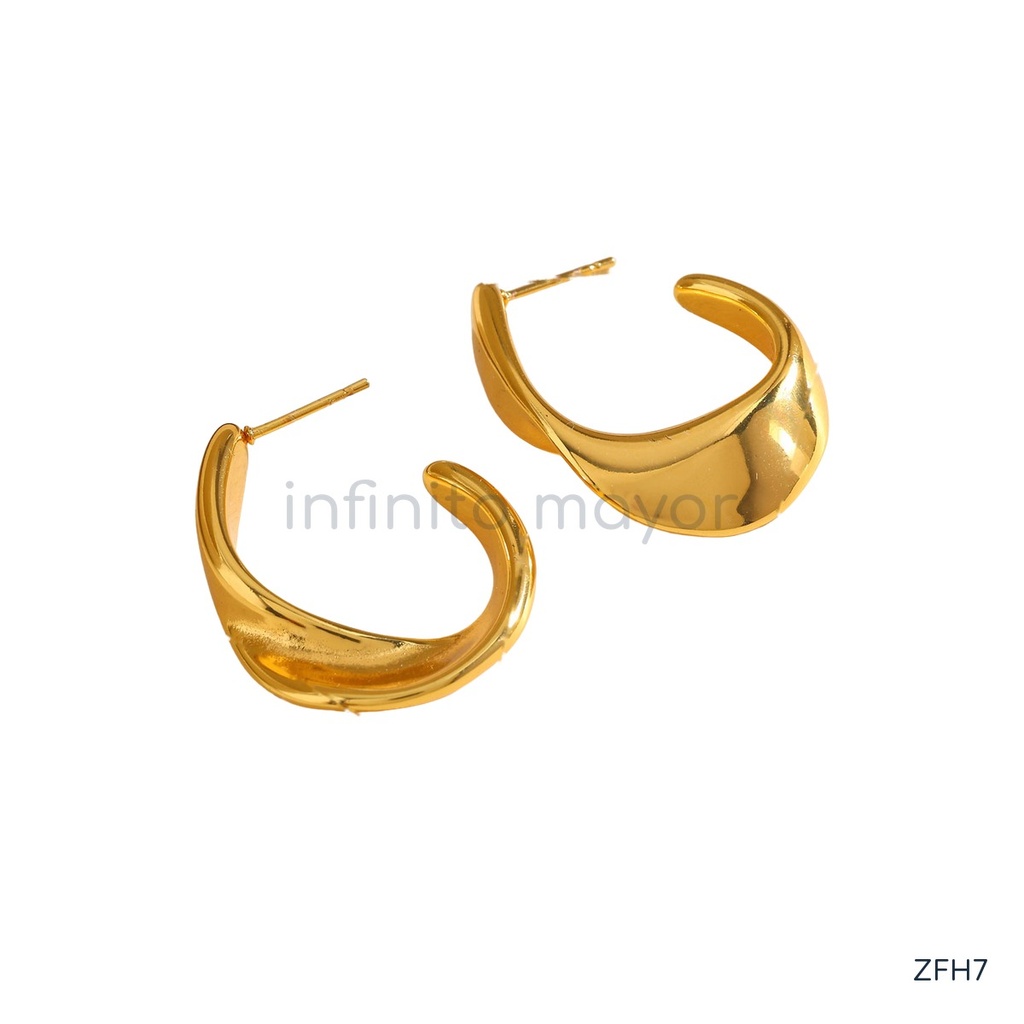 [ZFH7] Zarcillos dorados de poste con aro abierto ancho y ondulado de acabado liso brillante
