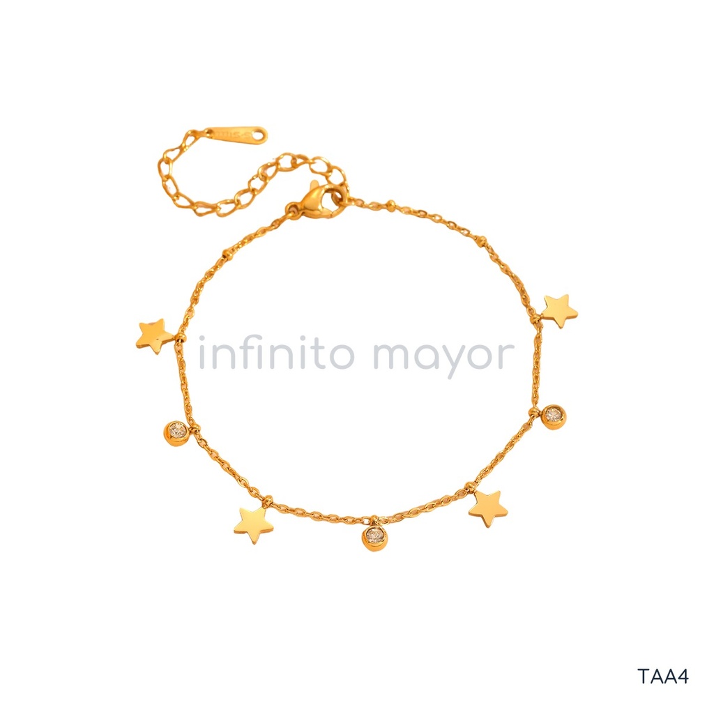 [TAA4] Tobillera dorada de cadena fina, diseño con dijes lisos en forma de estrella alternados con circonias transparentes engastadas